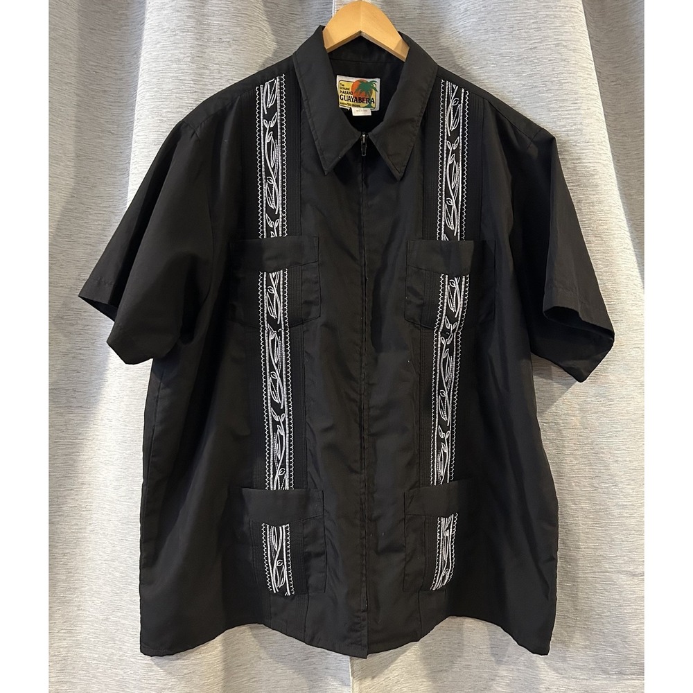Vintage Haband‎ Guayabera Black Shirt Size XL Embroidered 4 Pocket Zip Front SS